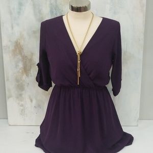 NWOT purple vneck dress with pearl button sleeve